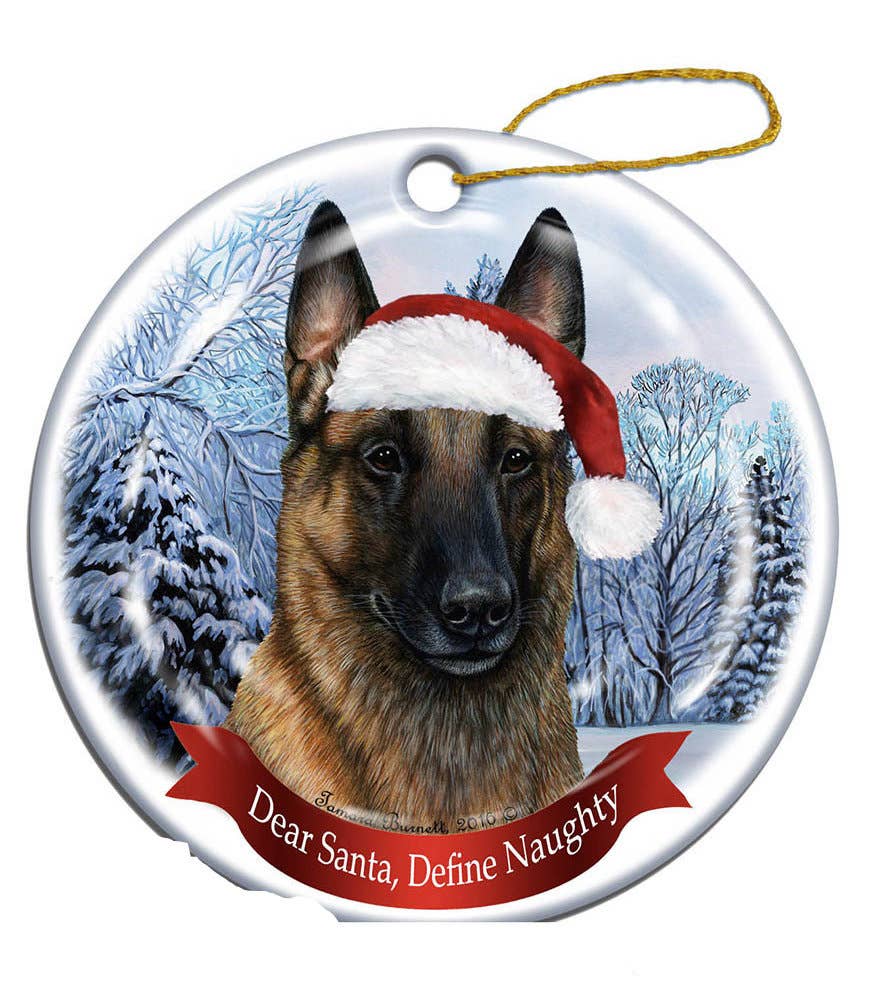 Belgian Mailnois Santa Hat Dog Porcelain  Ornament