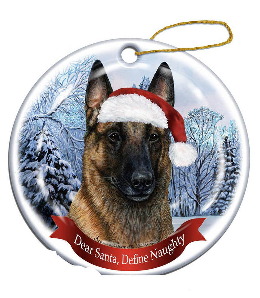 Belgian Mailnois Santa Hat Dog Porcelain  Ornament