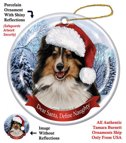 Sheltie (Tri-Color) Santa Hat Dog Porcelain Ornament