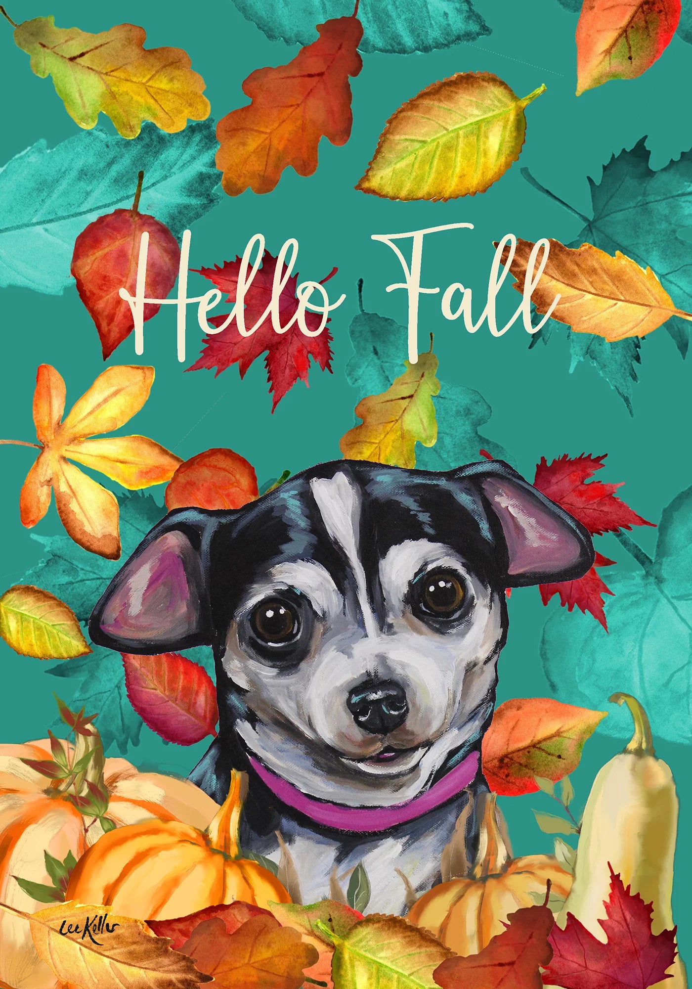 Chihuahua  Black and White (Hello Fall) Large Flag