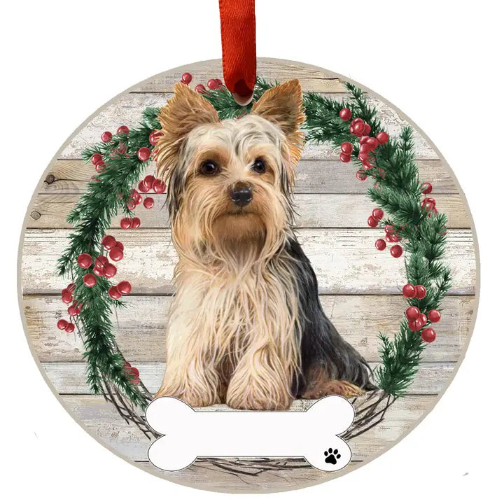 Yorkie Ceramic Wreath Ornament