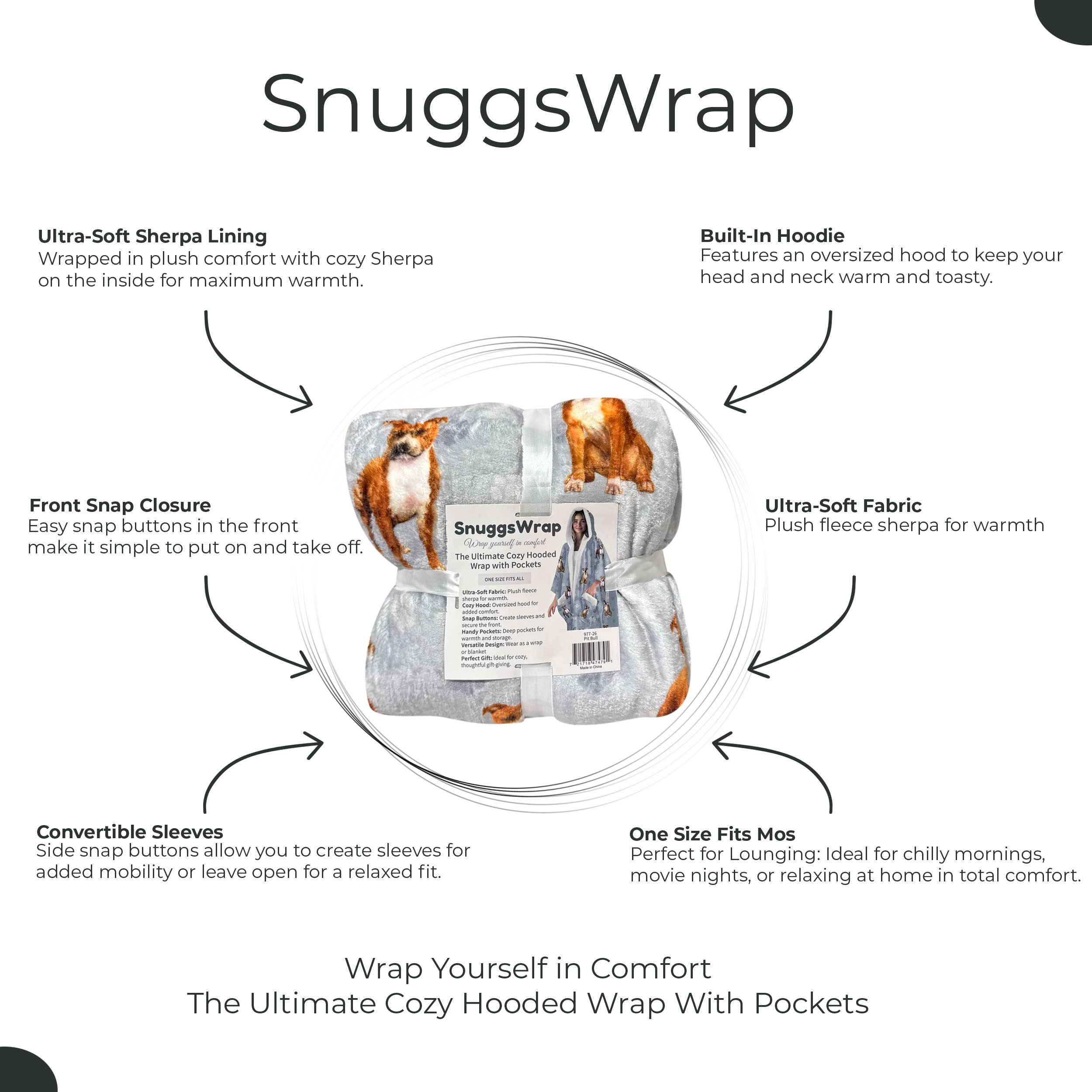 Pitbull Snugg Wraps with Hoodie – Ultra Soft Sherpa Fleece Wrap for Pet Lovers