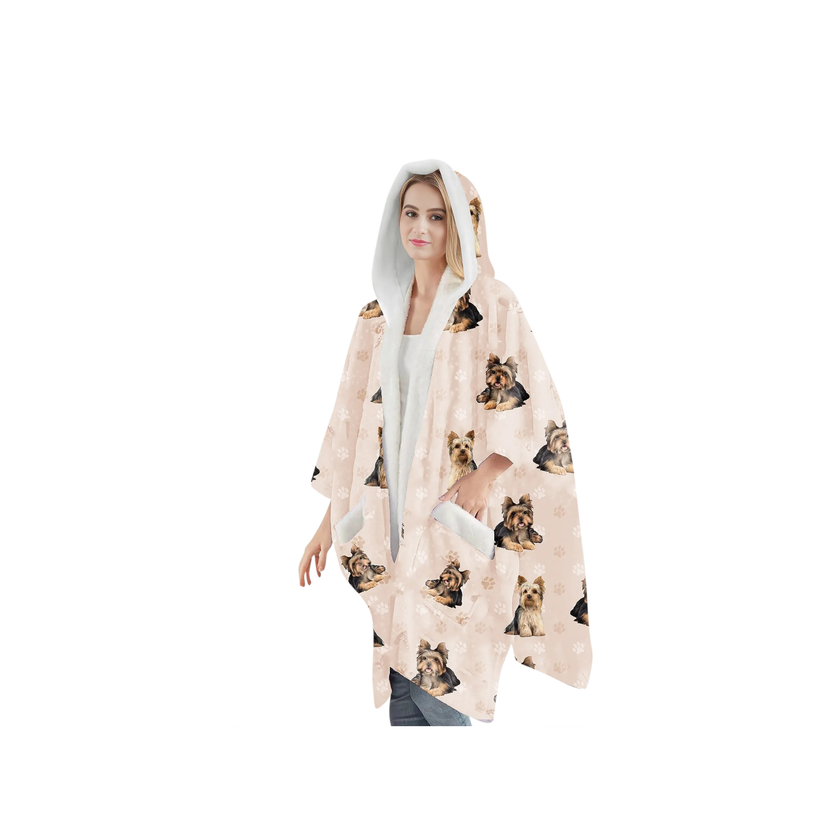 Yorkie Snugg Wraps with Hoodie – Ultra Soft Sherpa Fleece Wrap for Pet Lovers