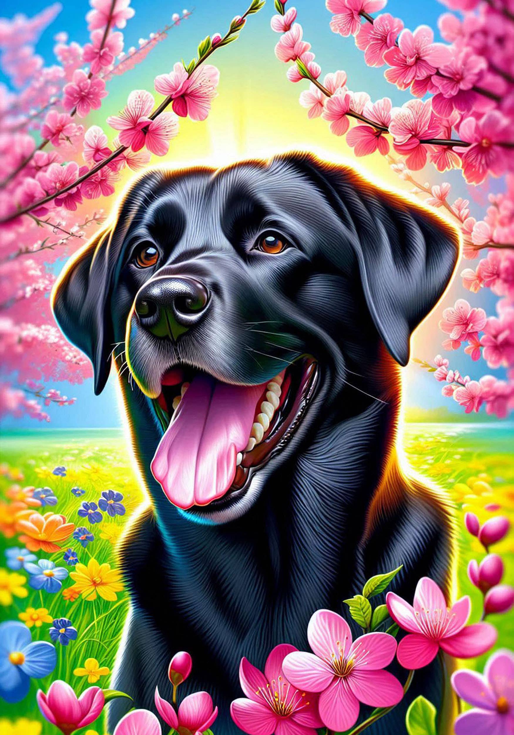 Labrador Black Colorful Floral Large House Flag