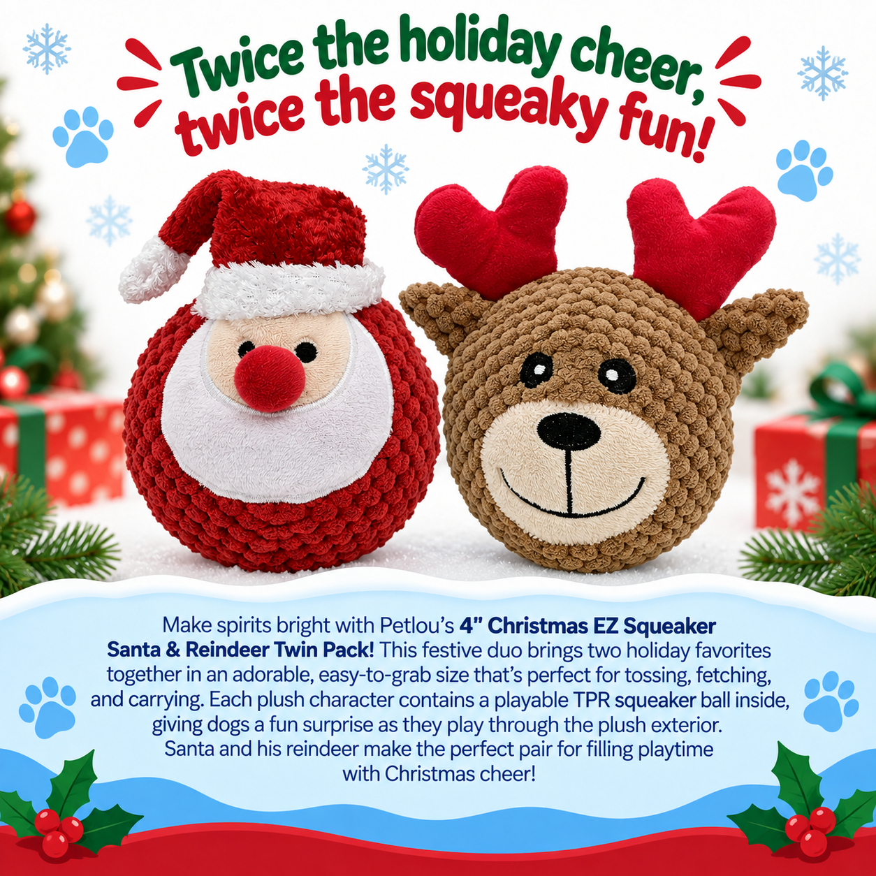 Dog Toy Santa & Reindeer Christmas EZ Squeaky Floating Twin Pack Ball Toy Set