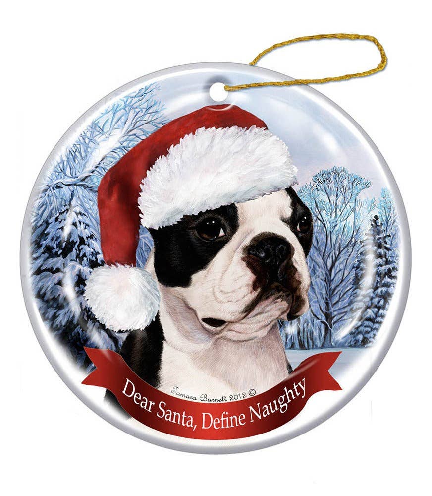 Boston Terrier Santa Hat Dog Porcelain Ornament