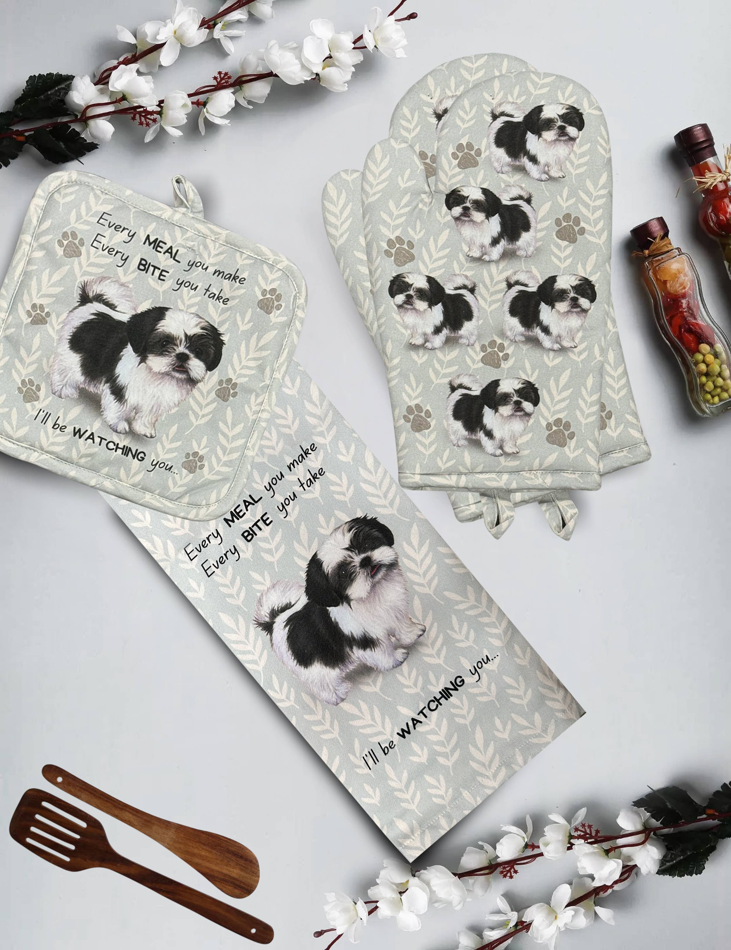 Shih TzuBlack and White, oven mitt set