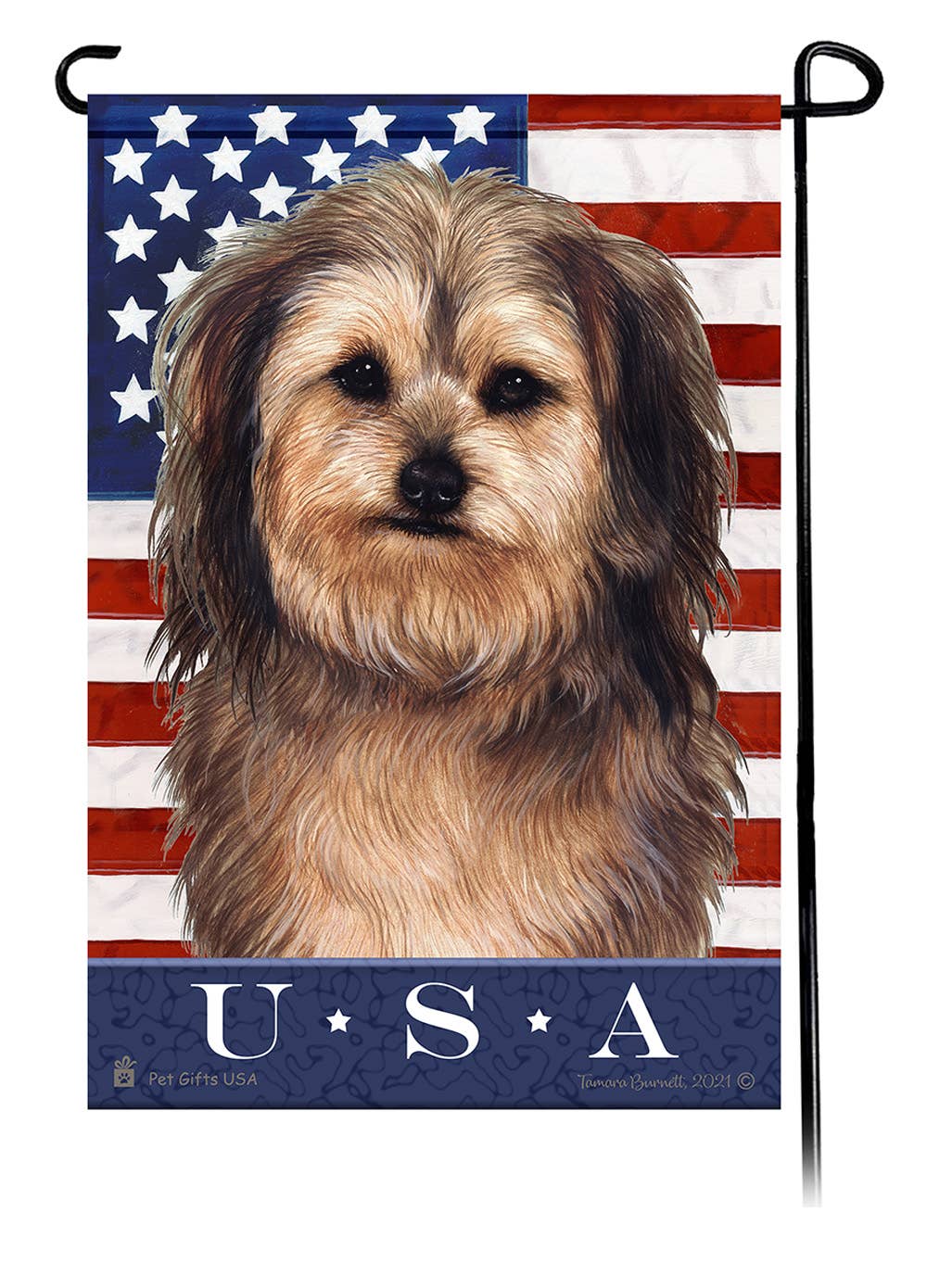 This Yorkipoo Sable USA American Garden Flag is a testament to the beauty of your favorite breed and the American Flag.