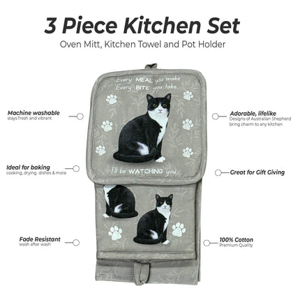 Black and white Cat, oven mitt set