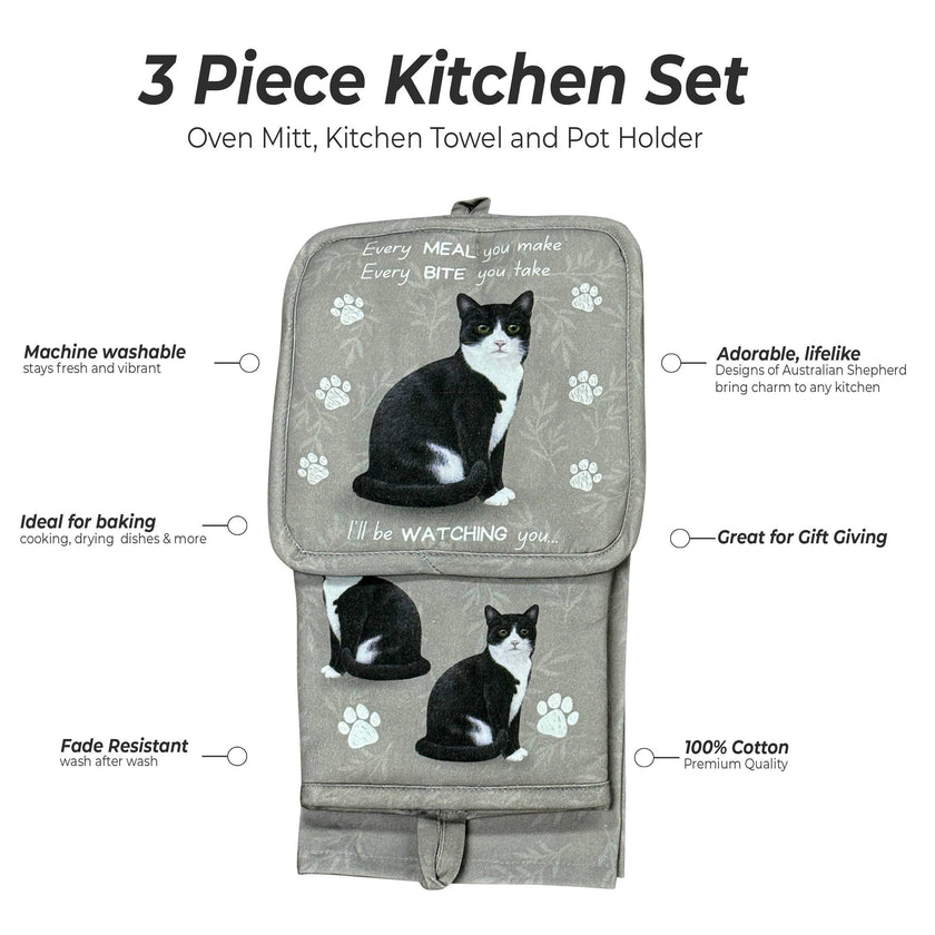 Black and white Cat, oven mitt set
