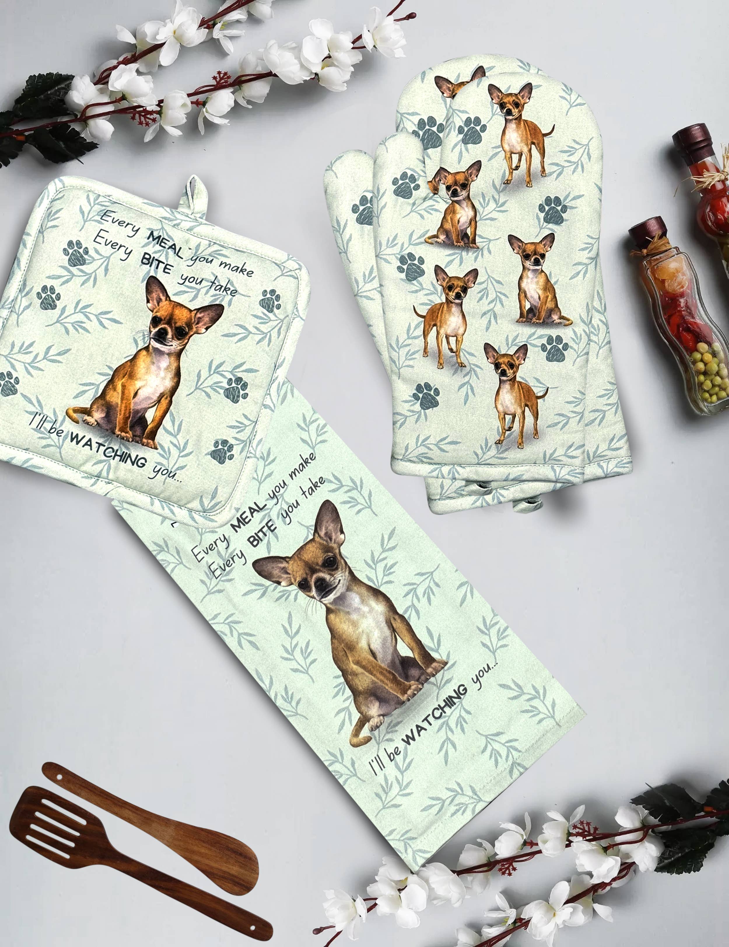 Chihuahua, tan, oven mitt set