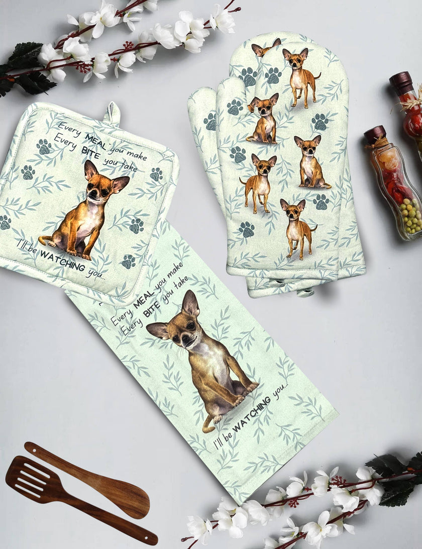 Chihuahua, tan, oven mitt set