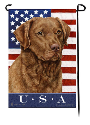 This Chesapeake Bay Retriever Red USA American Garden Flag is a testament to the beauty of your favorite breed and the American Flag.