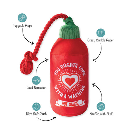 Dog Toy Hot Sauce Bottle Hearts On Fire Plush Rope Toy