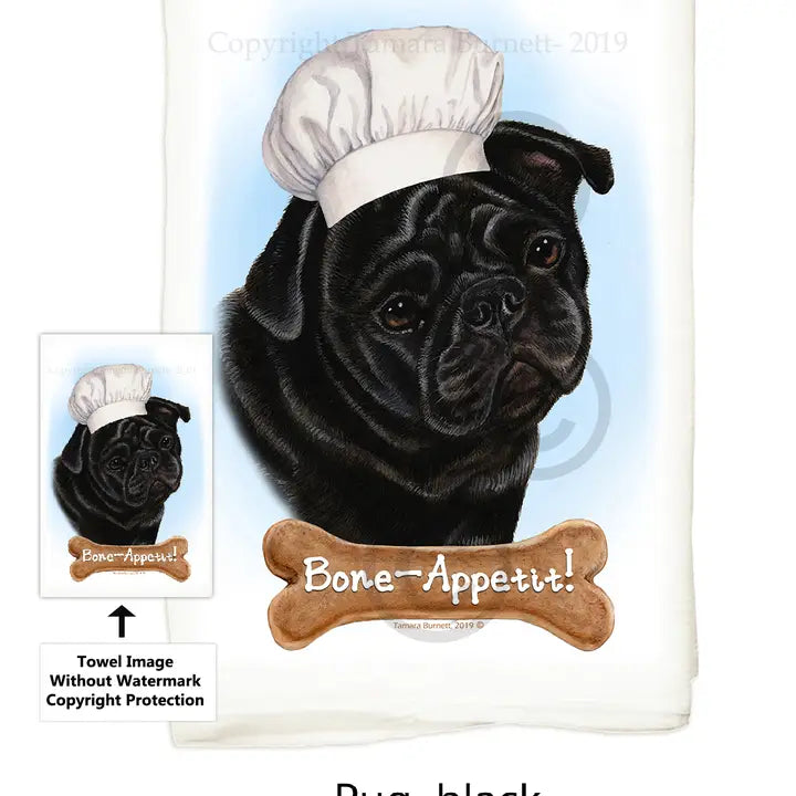 Pug- Black Flour Sack Kitchen Towel