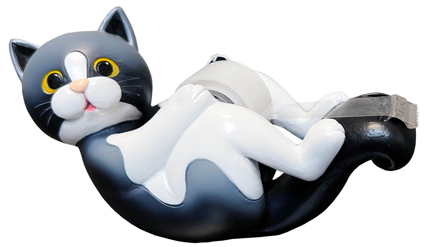 Purrfectly playful, this frisky feline is ready to play and is hardly stationary at all! There's always room for a kitty on your desktop, this one holds tape! Material: Polyresin, Metal, ABS Packaging: Color Box