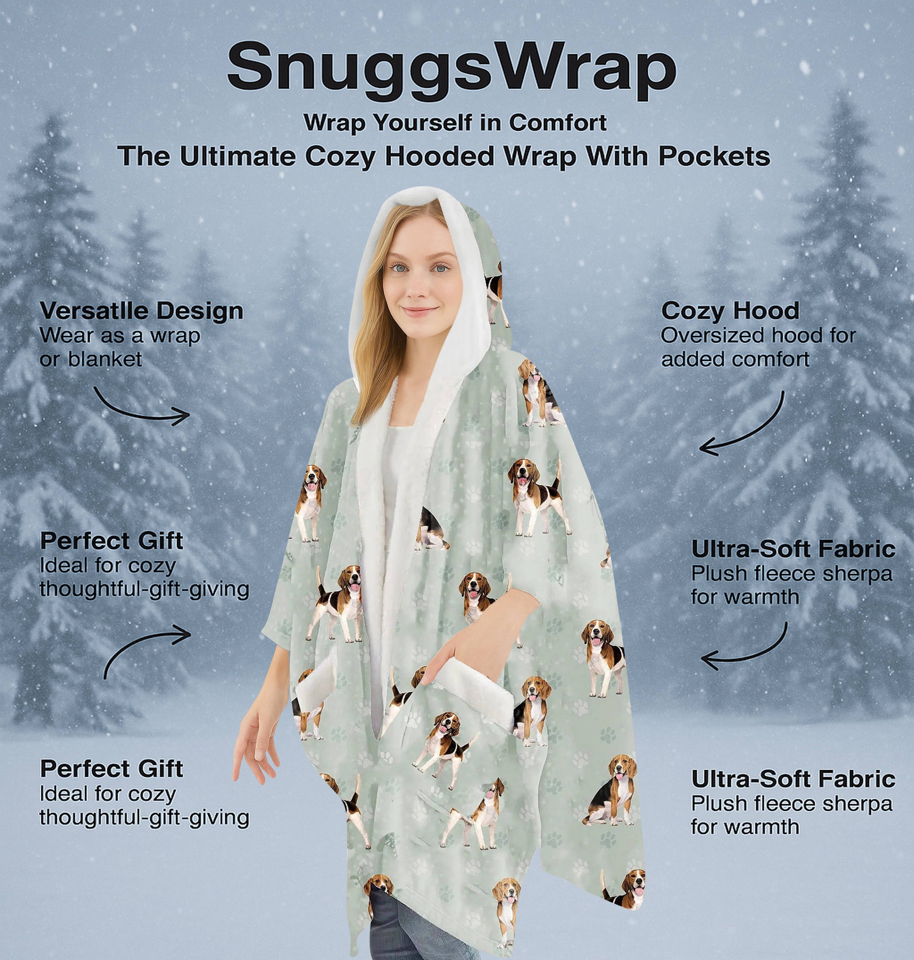 Beagle Snugg Wraps with Hoodie – Ultra Soft Sherpa Fleece Wrap for Pet Lovers