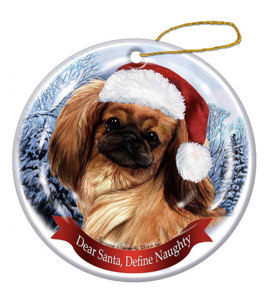 Pekingese Brown Santa Hat Dog Porcelain  Ornament