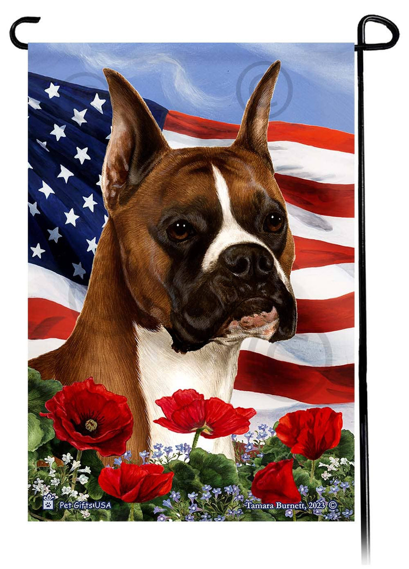 Boxer Fawn Cropped - Patriotic Flowers Garden Flag
