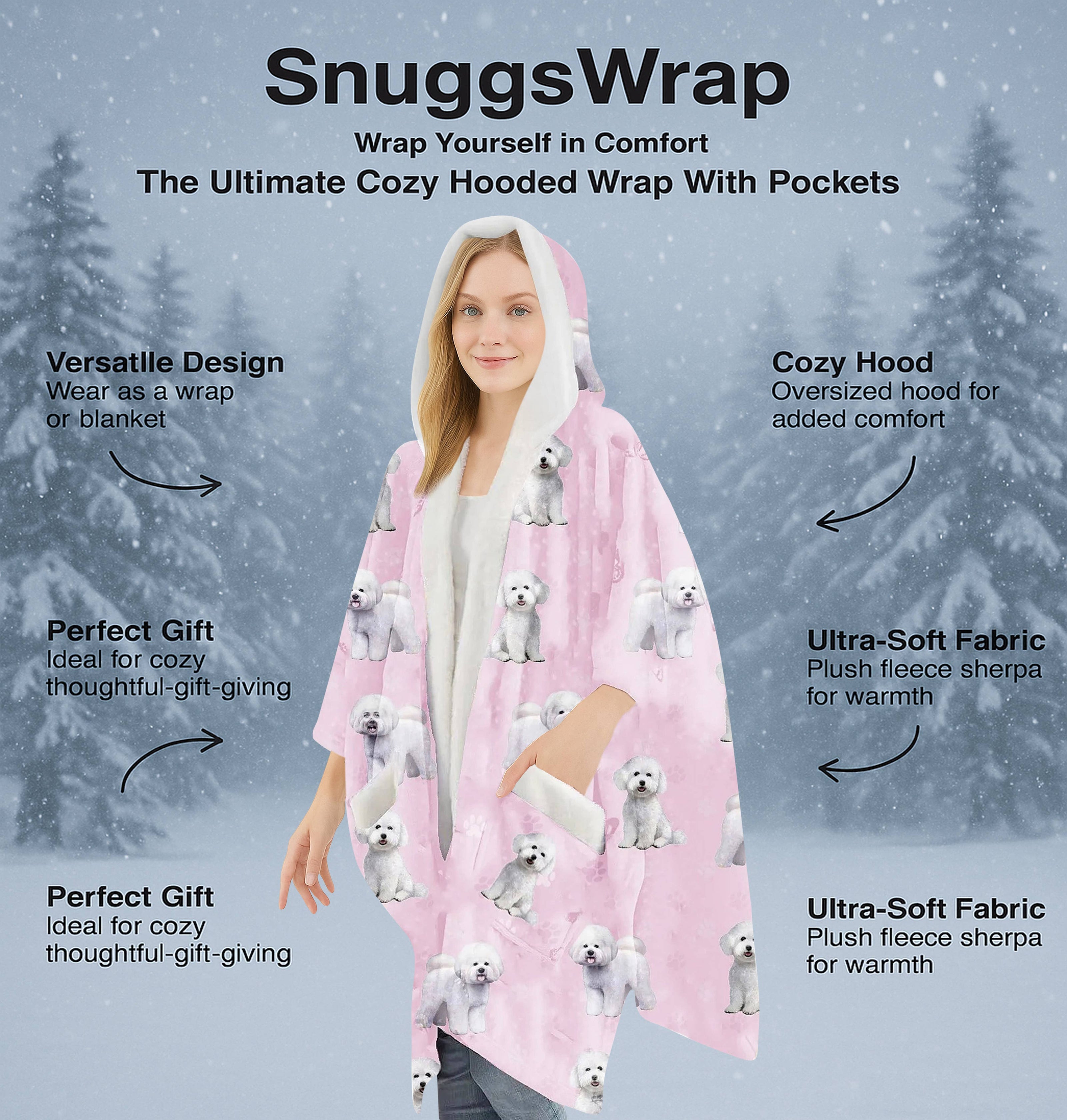 Bichon Frise Snugg Wraps with Hoodie – Ultra Soft Sherpa Fleece Wrap for Pet Lovers
