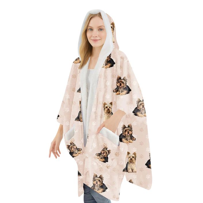 Yorkie Snugg Wraps with Hoodie – Ultra Soft Sherpa Fleece Wrap for Pet Lovers