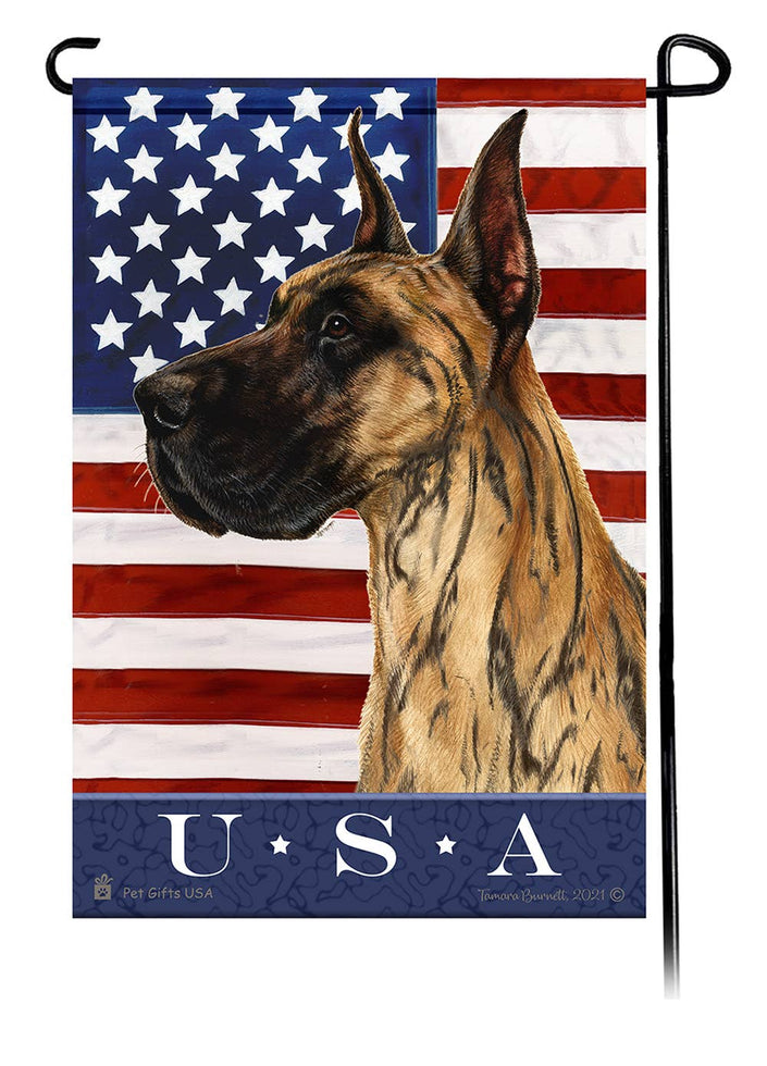 This Great Dane Brindle Cropped USA American Garden Flag is a testament to the beauty of your favorite breed and the American Flag. 