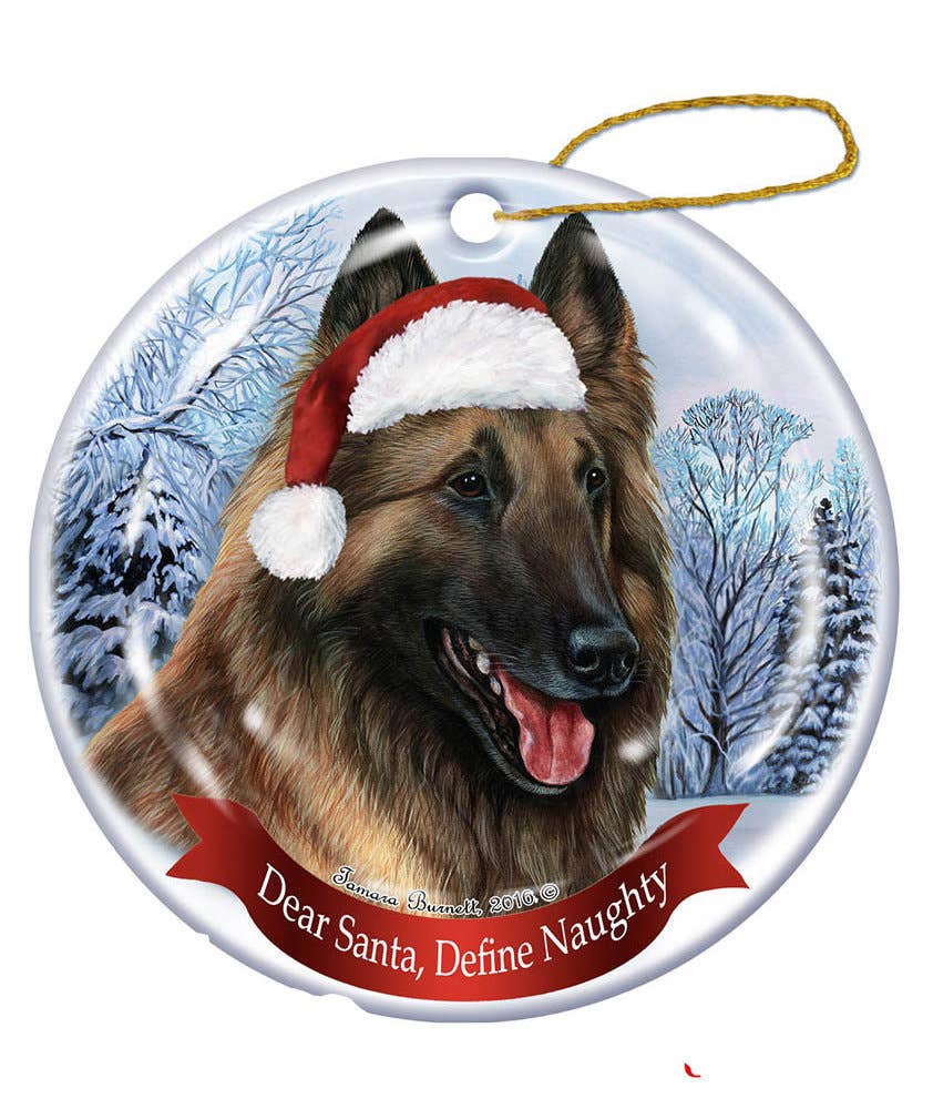 Belgian Tervuren Santa Hat Dog Porcelain  Ornament