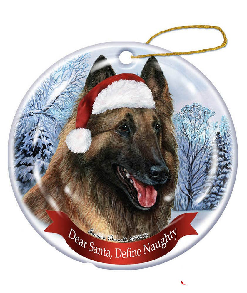 Belgian Tervuren Santa Hat Dog Porcelain  Ornament
