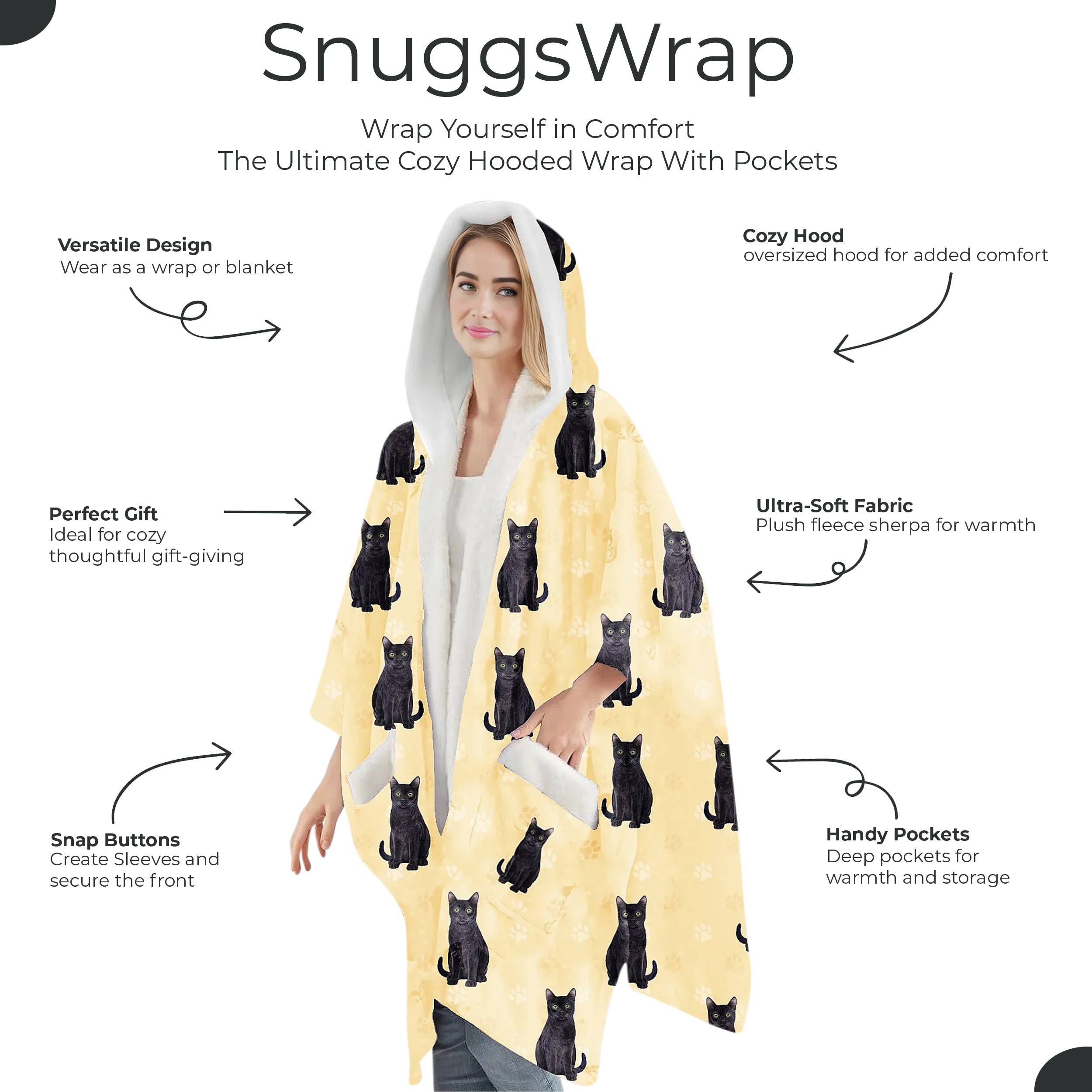 Black Cat Snugg Wraps with Hoodie – Ultra Soft Sherpa Fleece Wrap for Pet Lovers