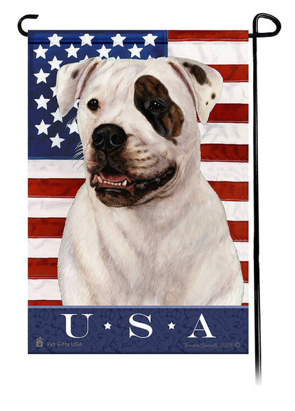 This American Bulldog Brindle USA American Garden Flag is a testament to the beauty of your favorite breed and the American Flag.