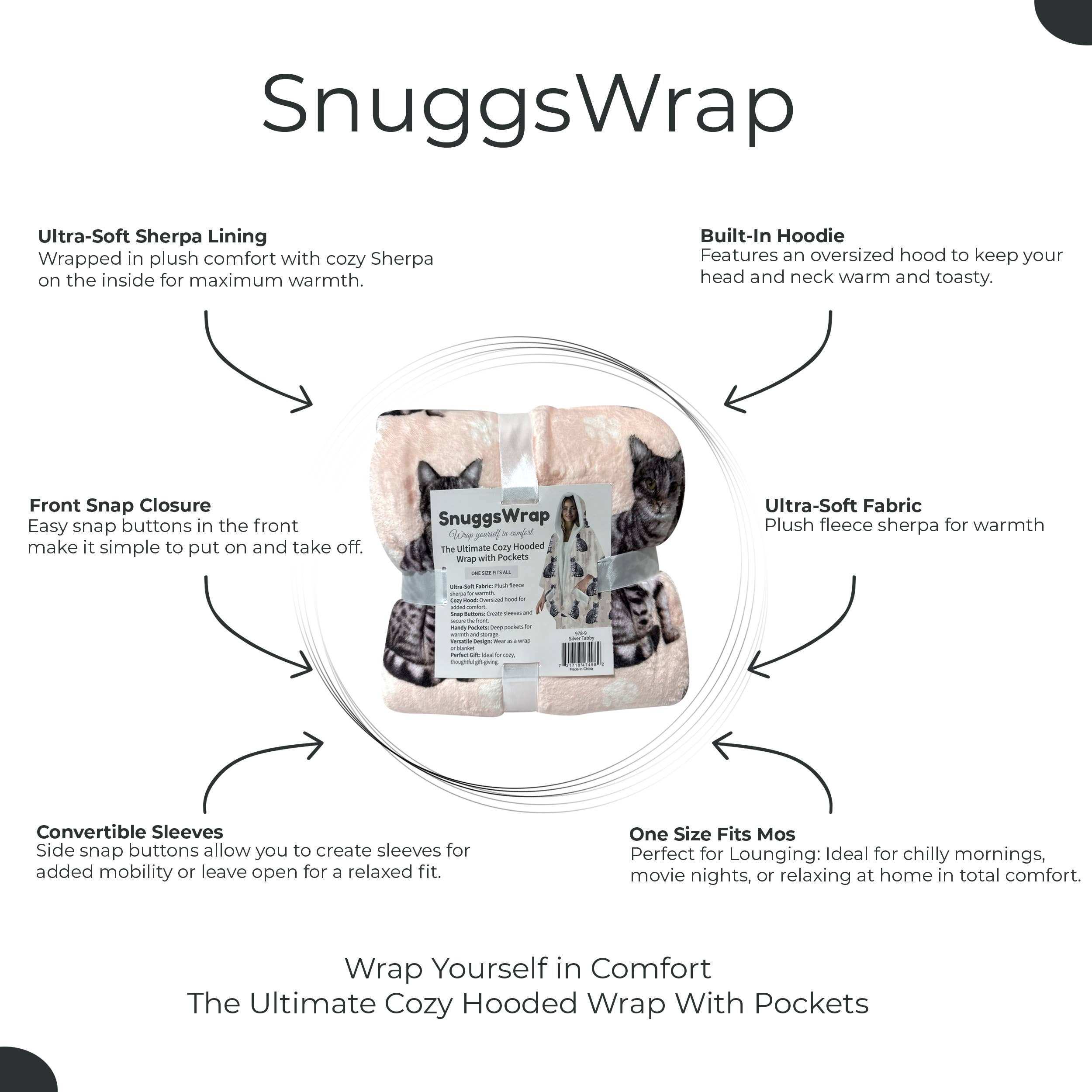 Silver Tabby Snugg Wraps with Hoodie – Ultra Soft Sherpa Fleece Wrap for Pet Lovers