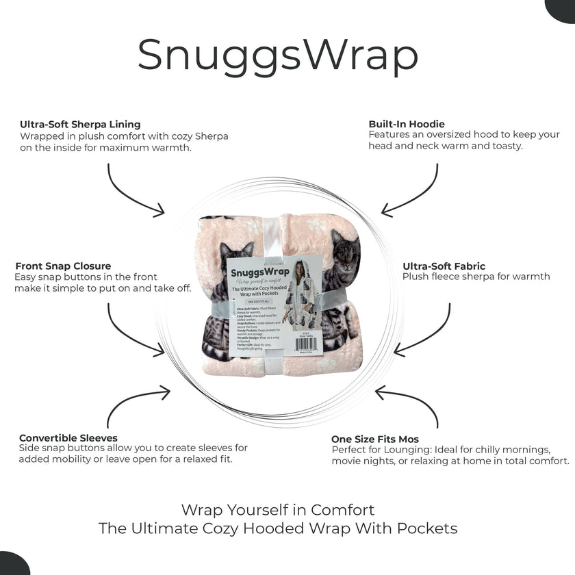 Silver Tabby Snugg Wraps with Hoodie – Ultra Soft Sherpa Fleece Wrap for Pet Lovers