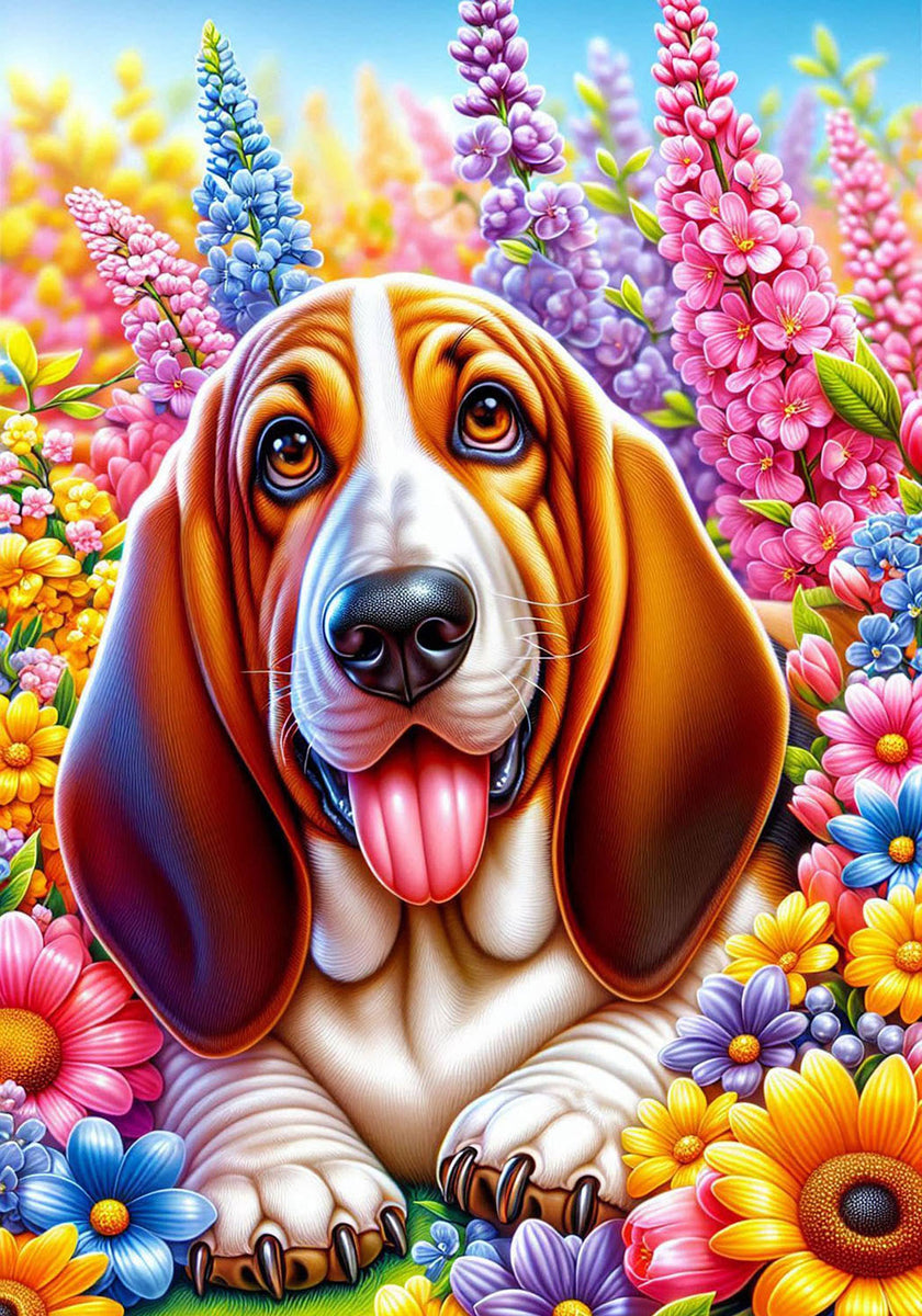 Basset Hound Colorful Floral Large House Flag