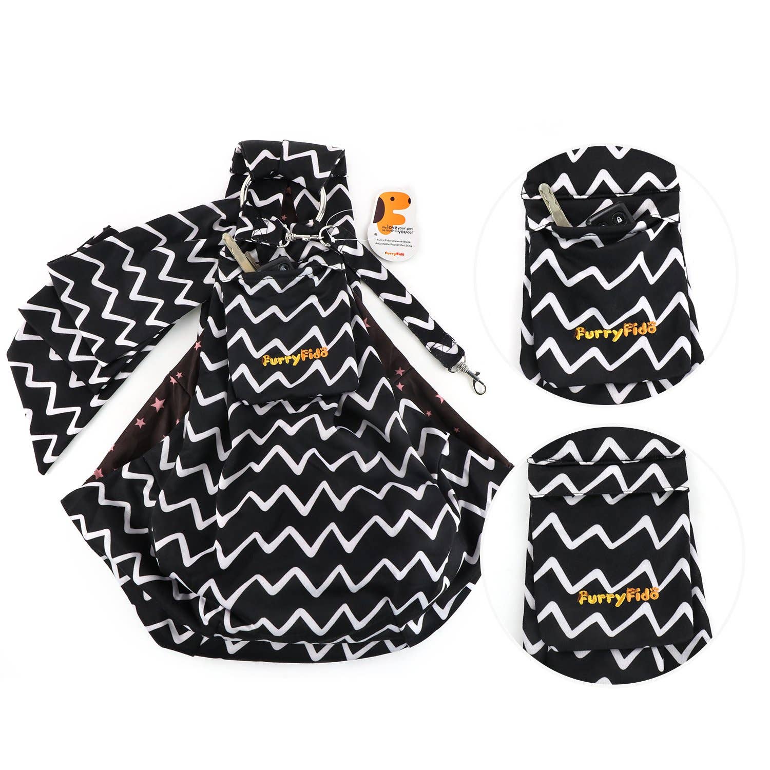 Furry Fido Chevron Black Adjustable Pocket Pet Sling