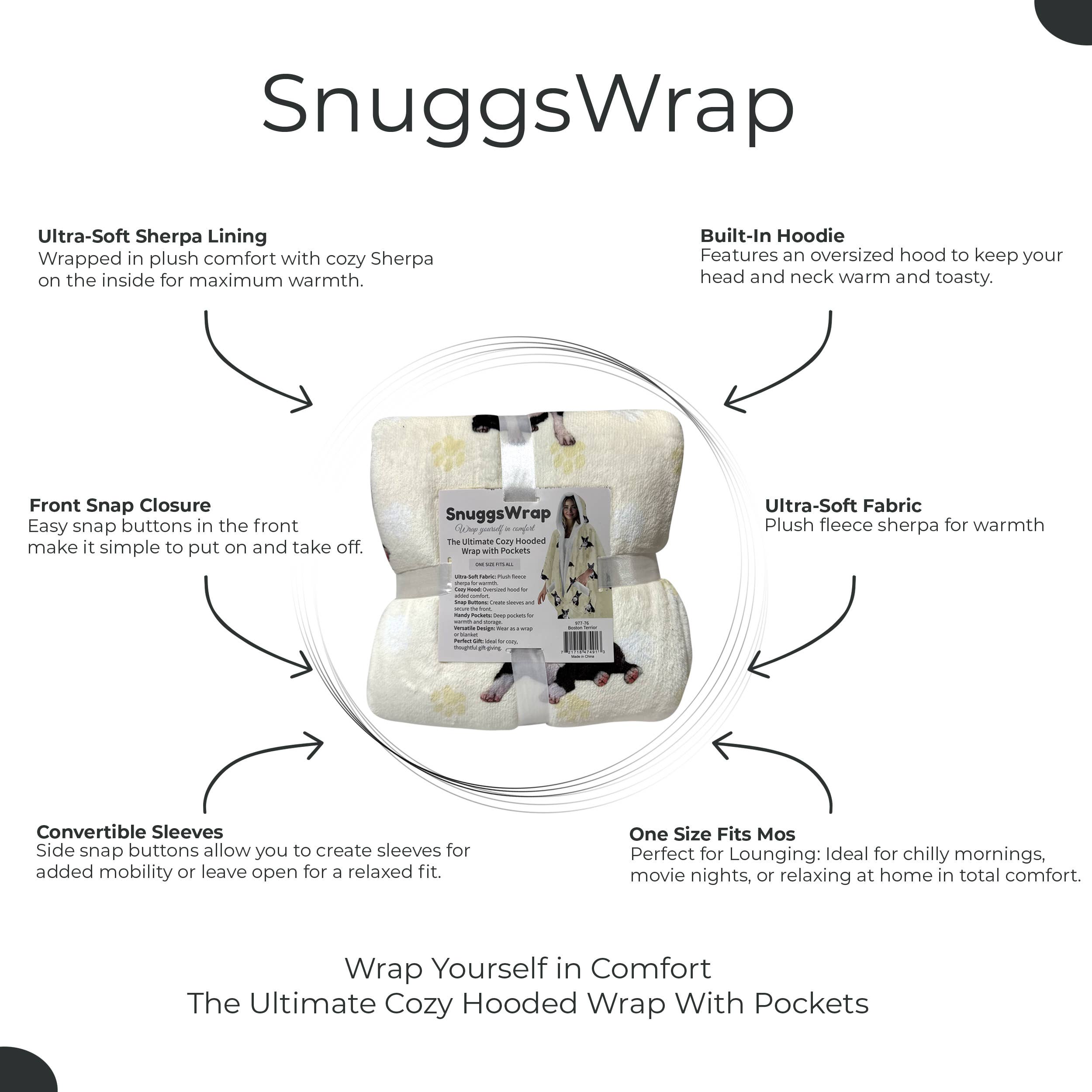 Boston Terrier Snugg Wraps with Hoodie – Ultra Soft Sherpa Fleece Wrap for Pet Lovers