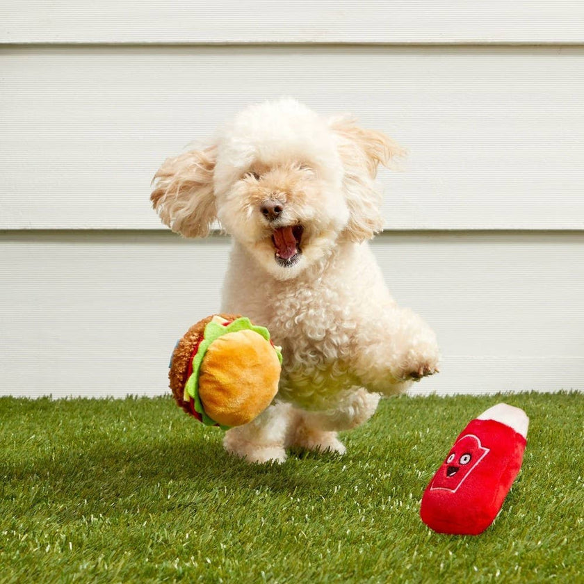 BARK Cookout Burger and Ketchup Plush Dog Toy