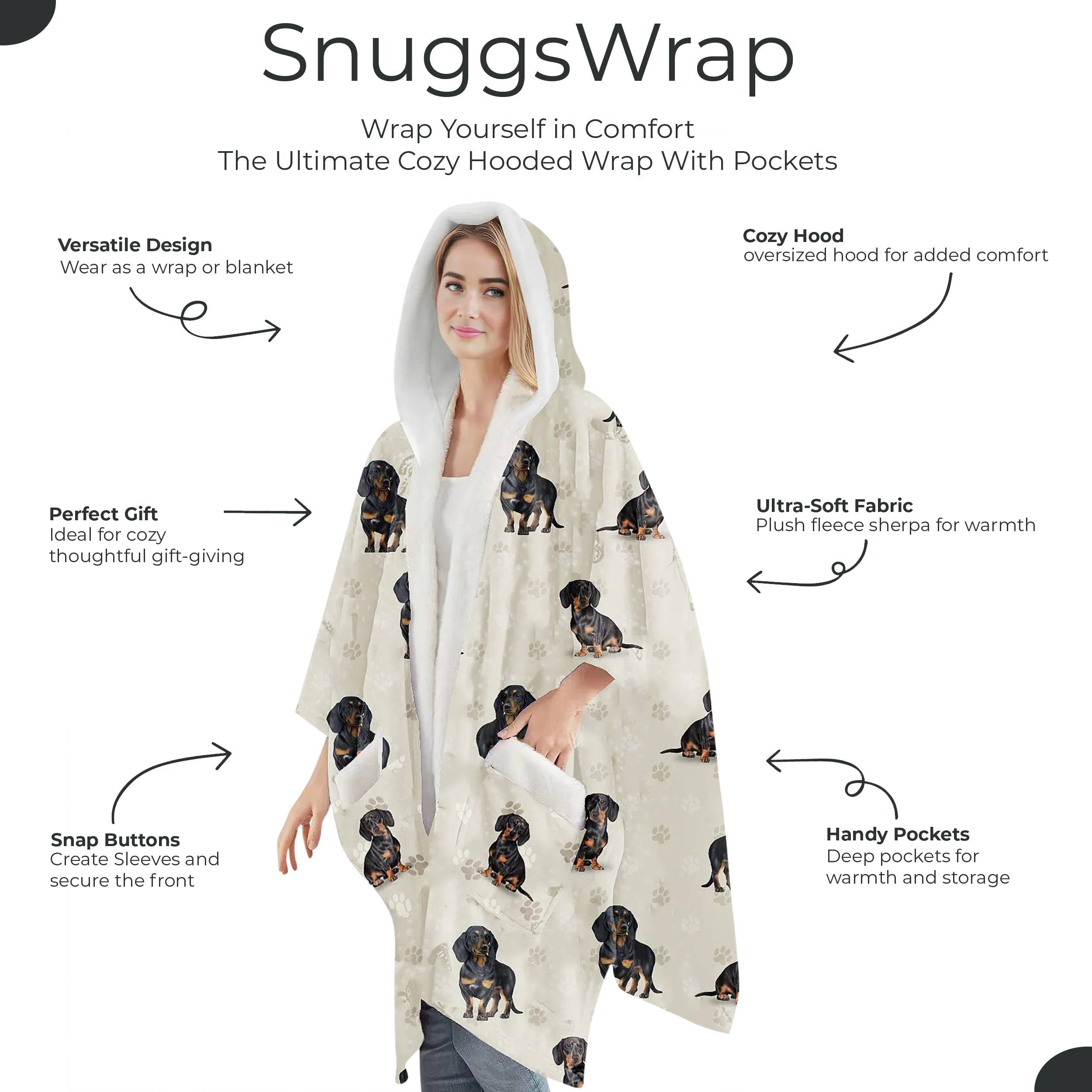 Dachshund, Black Snugg Wraps with Hoodie – Ultra Soft Sherpa Fleece Wrap for Pet Lovers