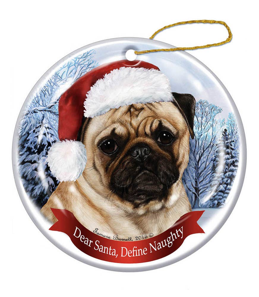 Pug (Fawn) Santa Hat Dog Porcelain  Ornament