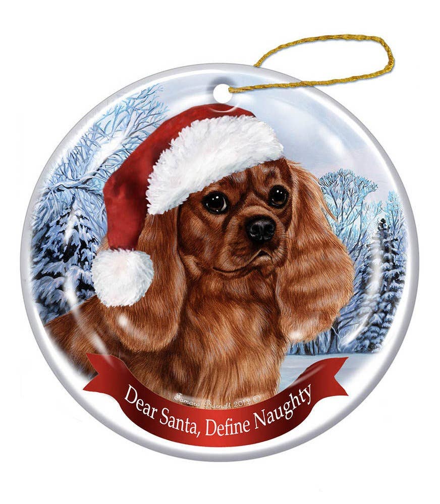 Cavalier King Charles(Ruby) Santa Hat Dog Ornament