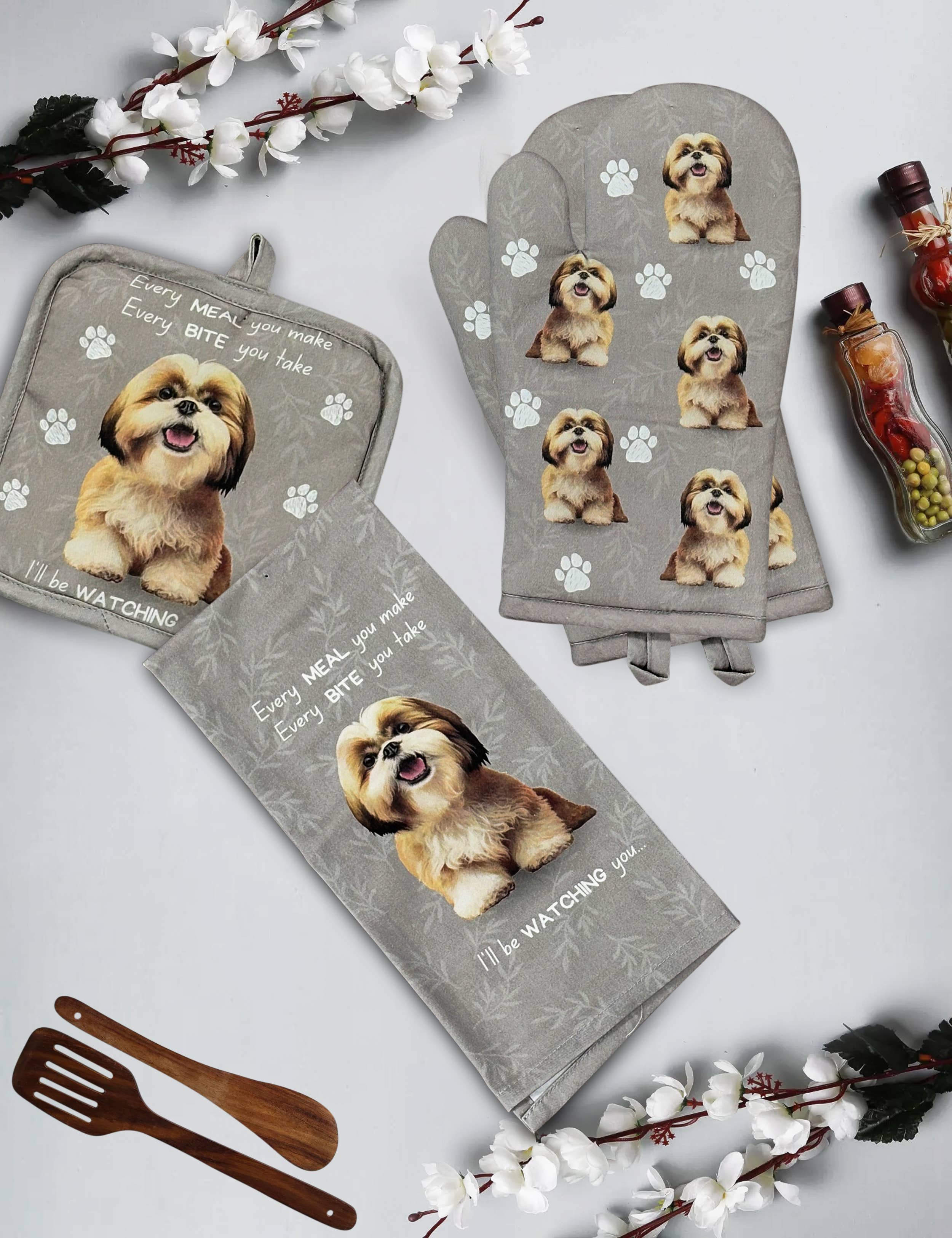Shih Tzu Tan and White, oven mitt set