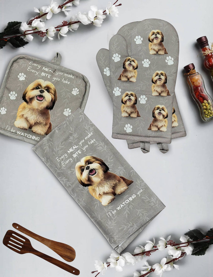 Shih Tzu Tan and White, oven mitt set