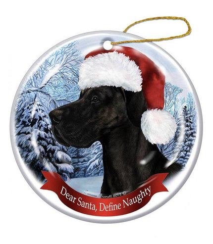 Great Dane (Uncropped) Black Santa Hat Dog Porcelain Ornament