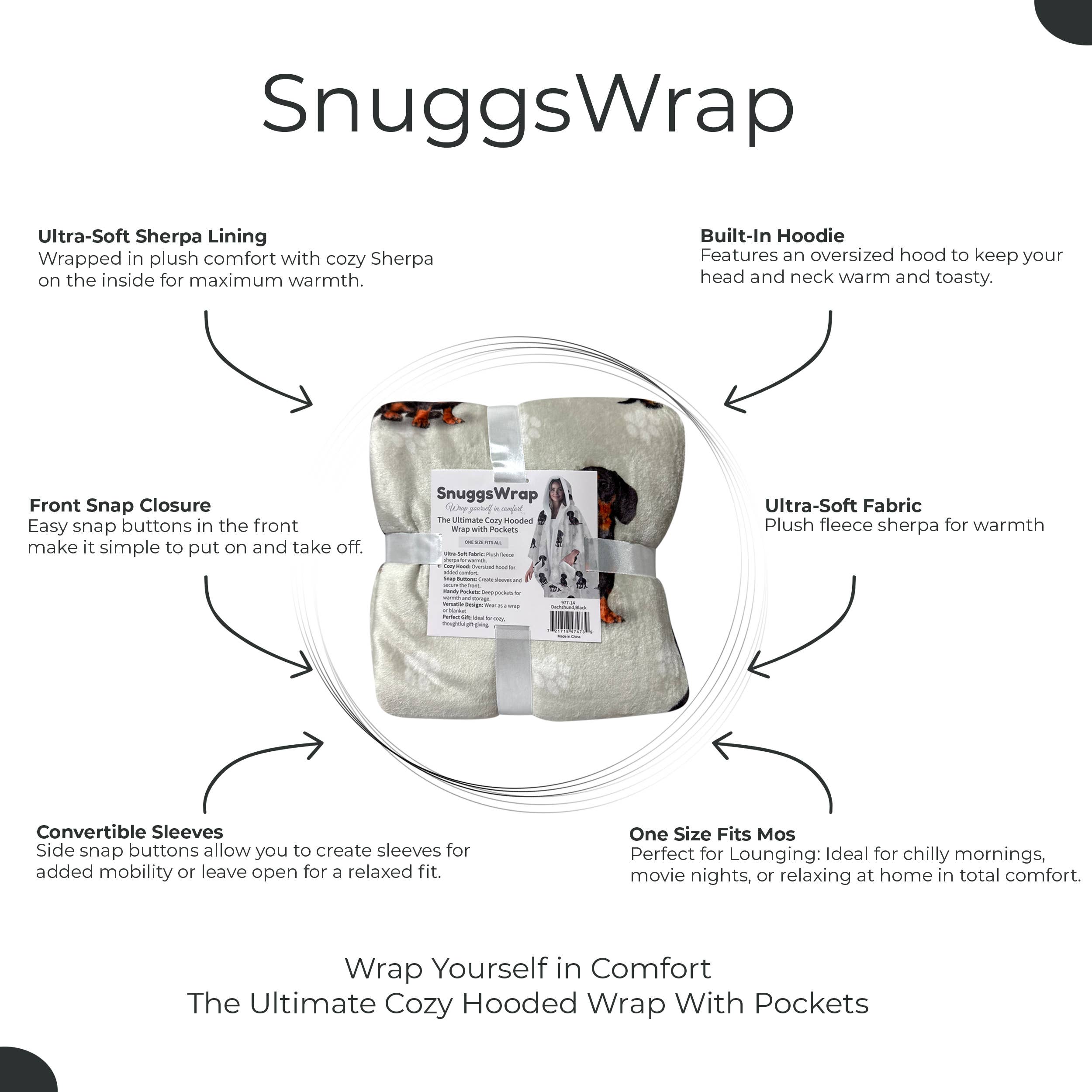 Dachshund, Black Snugg Wraps with Hoodie – Ultra Soft Sherpa Fleece Wrap for Pet Lovers