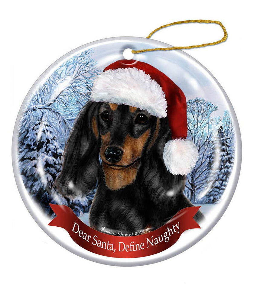 Dachshund (Black and Tan Longhair) Santa Hat Dog Porcelain  Ornament