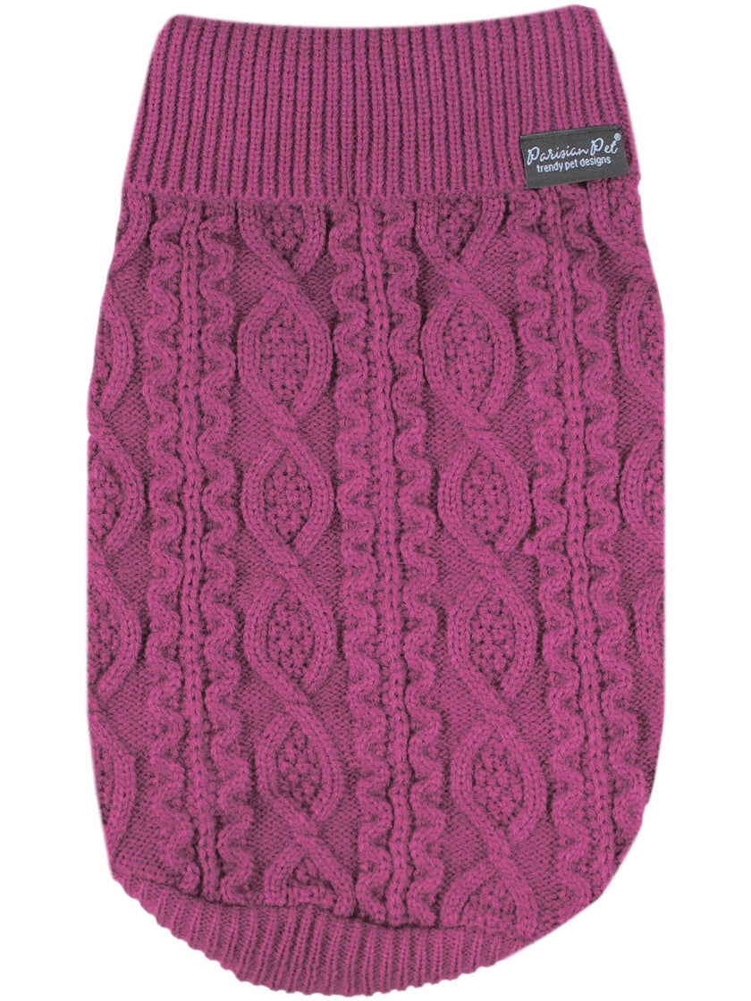 Cable Knit Dog or Cat Pet Sweater, Raspberry