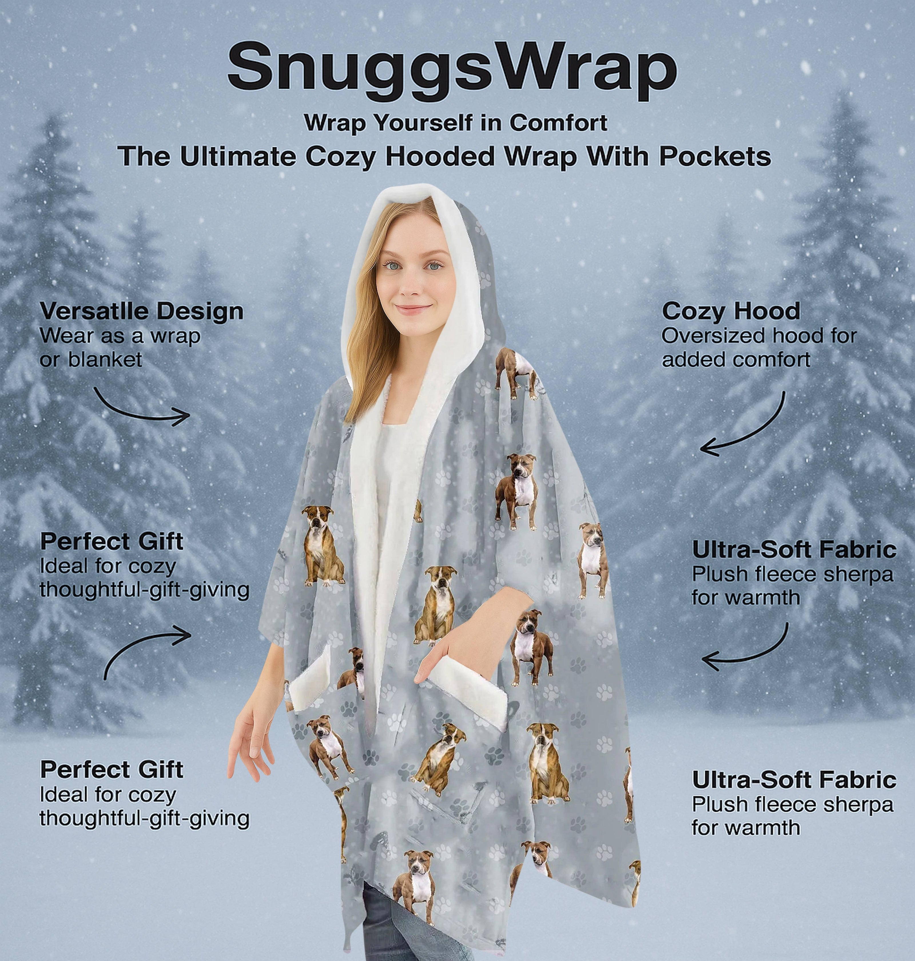 Pitbull Snugg Wraps with Hoodie – Ultra Soft Sherpa Fleece Wrap for Pet Lovers