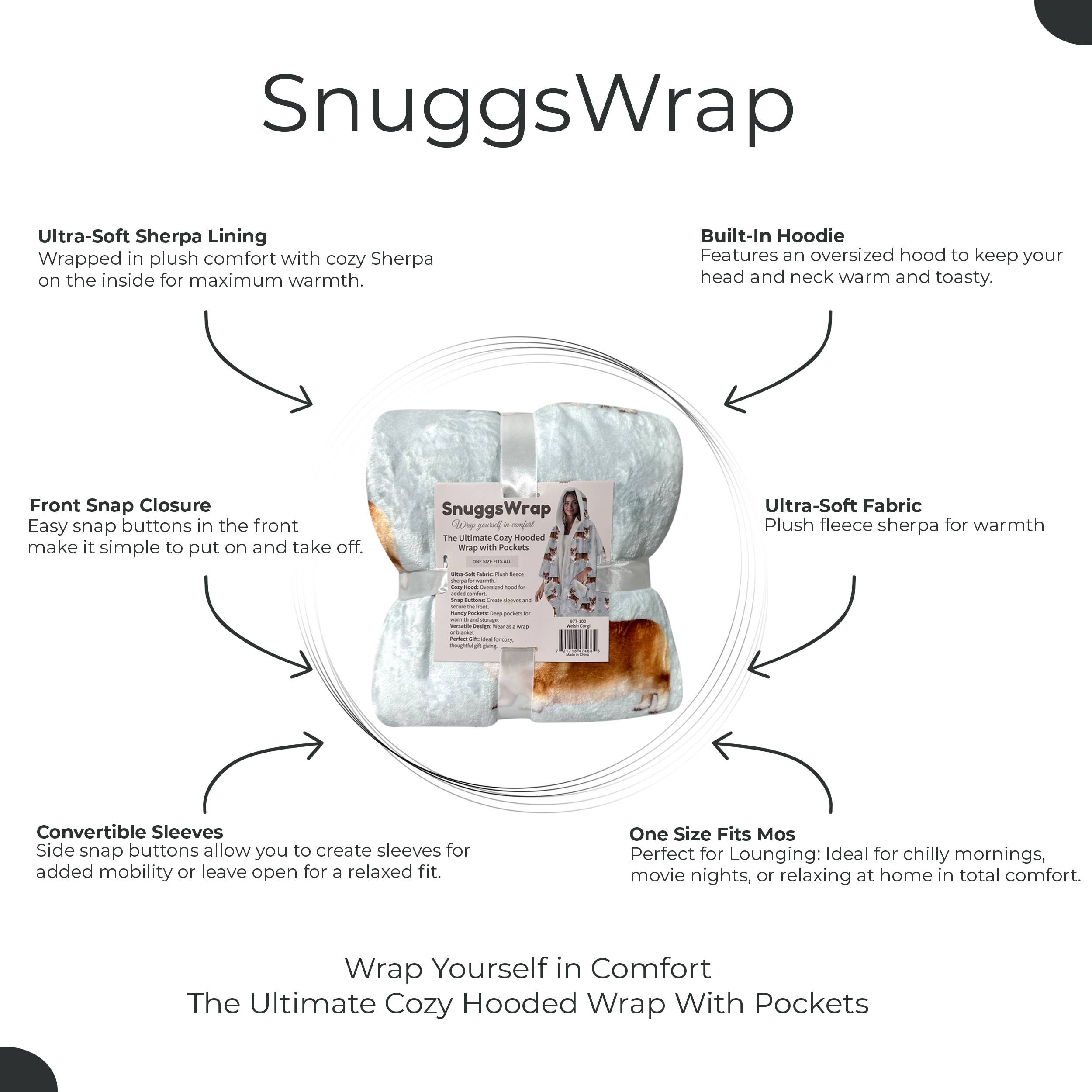 Welsh Corgi Snugg Wraps with Hoodie – Ultra Soft Sherpa Fleece Wrap for Pet Lovers