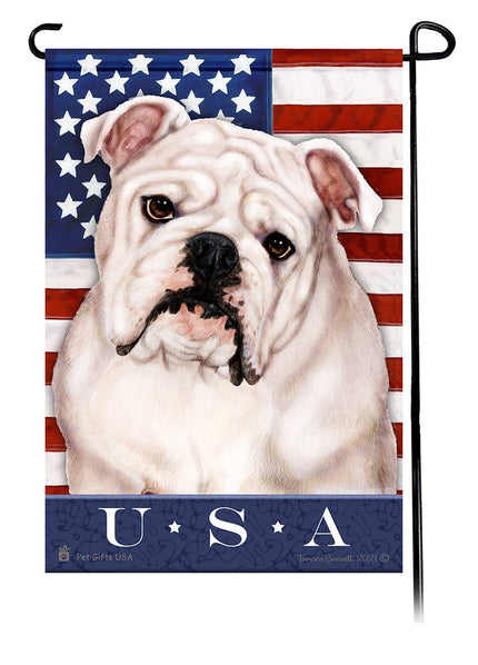 This Bulldog (English) White USA American Garden Flag is a testament to the beauty of your favorite breed and the American Flag. 