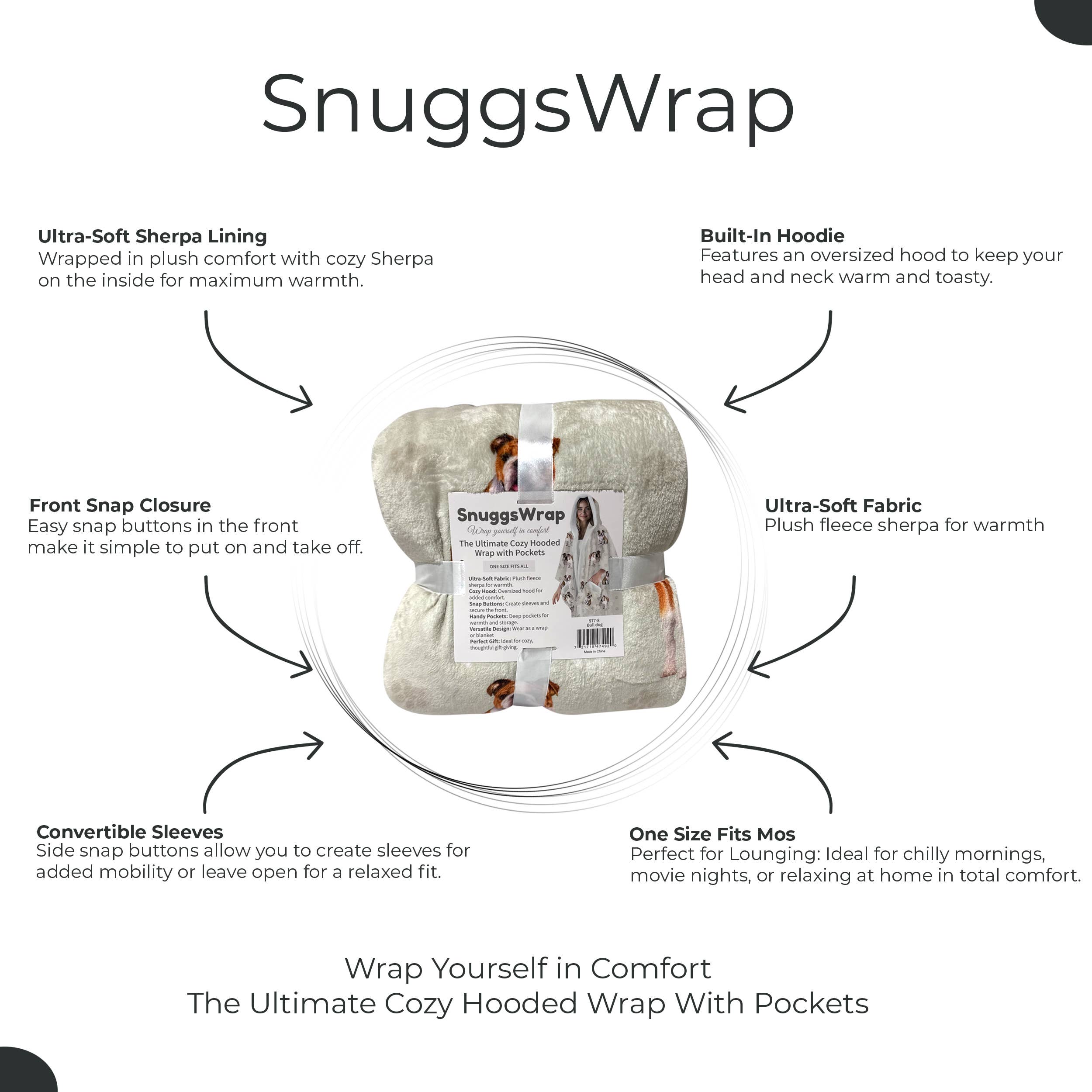 Bulldog Snugg Wraps with Hoodie – Ultra Soft Sherpa Fleece Wrap for Pet Lovers