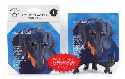 Dachshund (black) Absorbent stone coaster 1-pack with easel featuring the artwork of Ursula Dodge